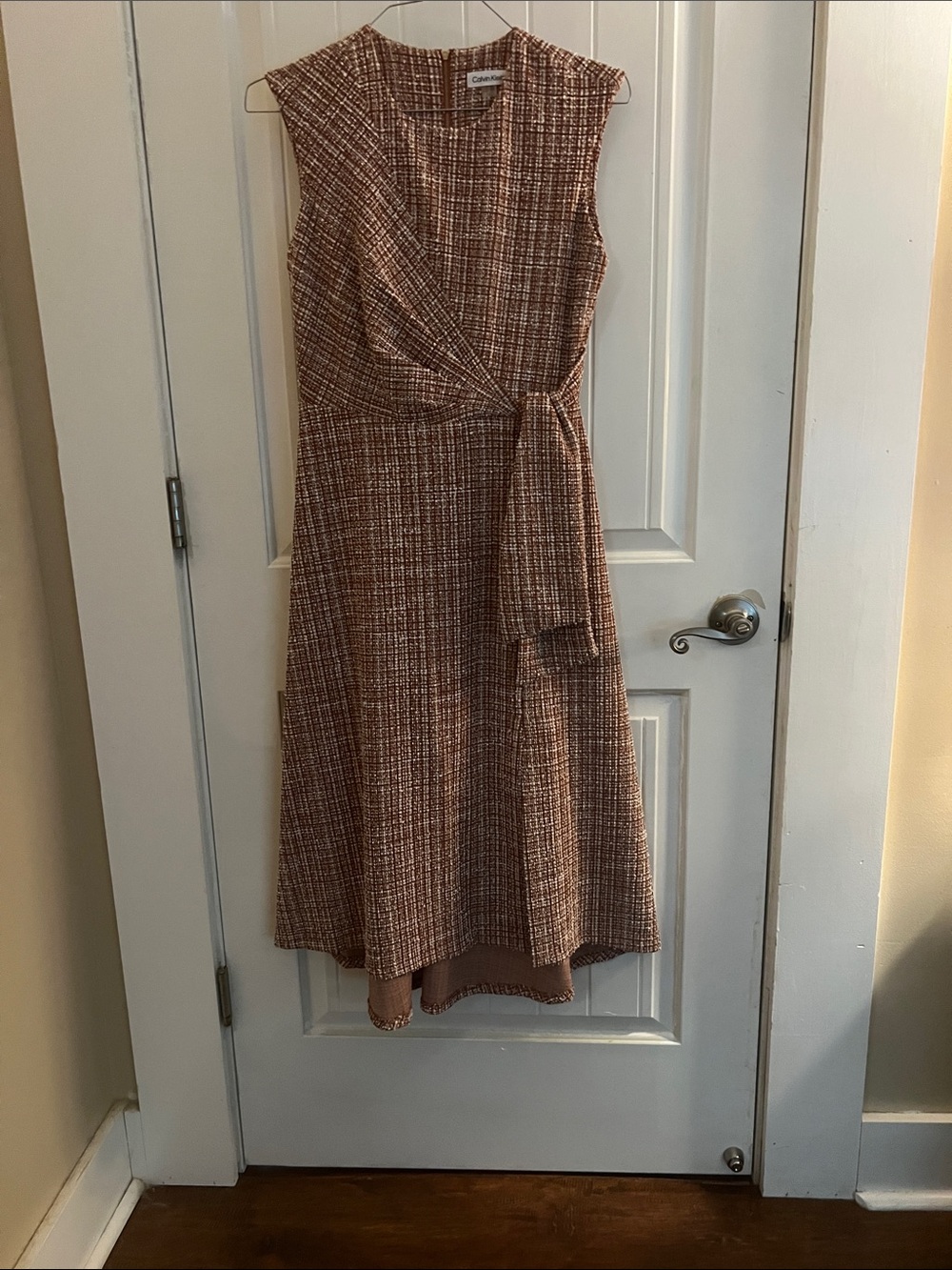 Calvin Klein Brown Rust Tweed Tie-Detail Midi Dress NWOT
